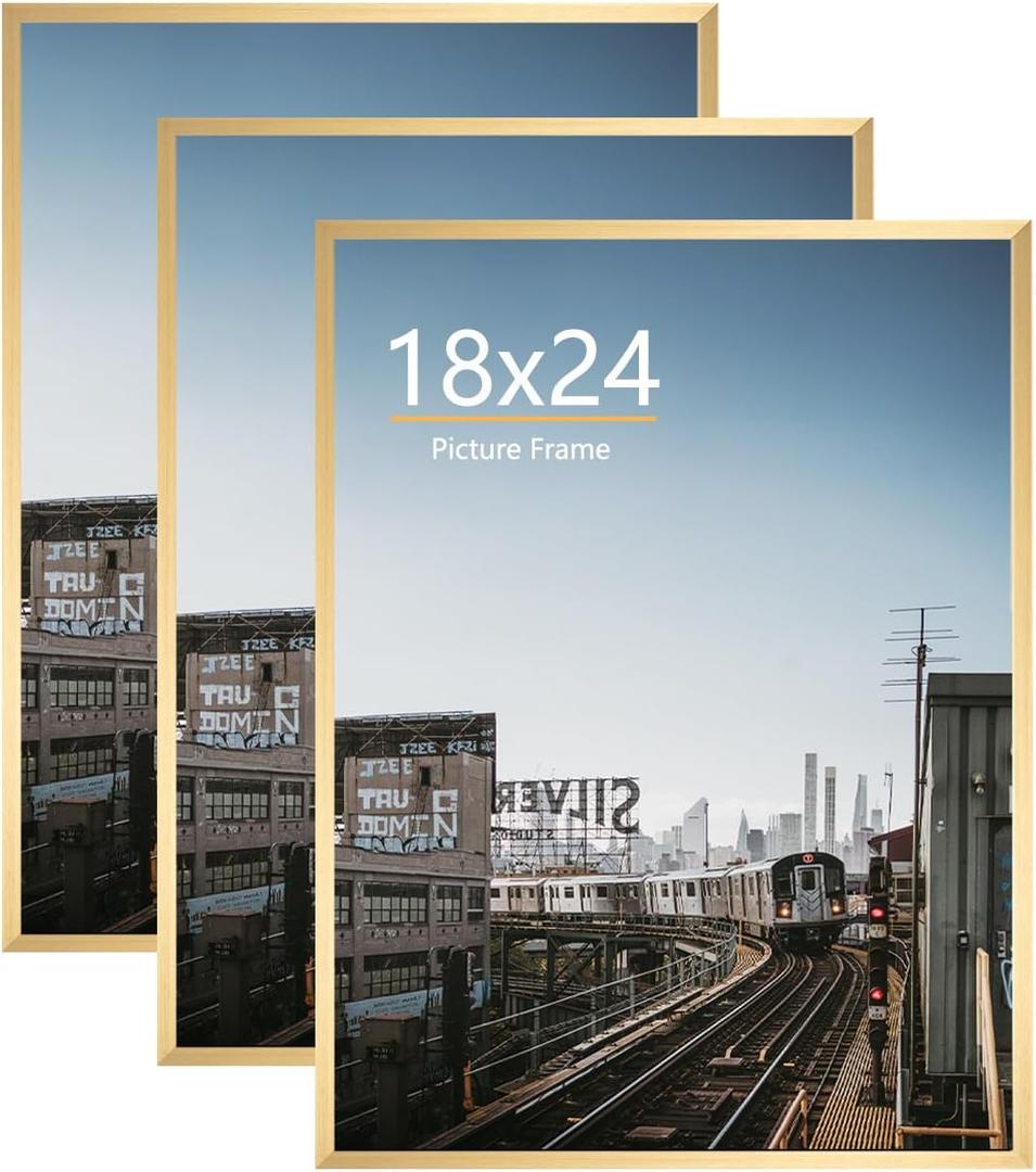 18x24 Picture Frame Gold 3 Pack, Gold Poster Frames 18 x 24 for Wall, Horizontal or Vertical Wall Mounting