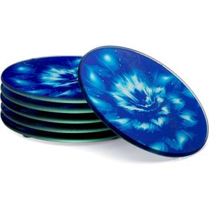 Set of 6 Round Drink Coasters, Blue Floral Design, Gift Boxed, Tempered Glass, Non Slip, Suit Indoor or Outdoor, Kitchen, Dining, Living