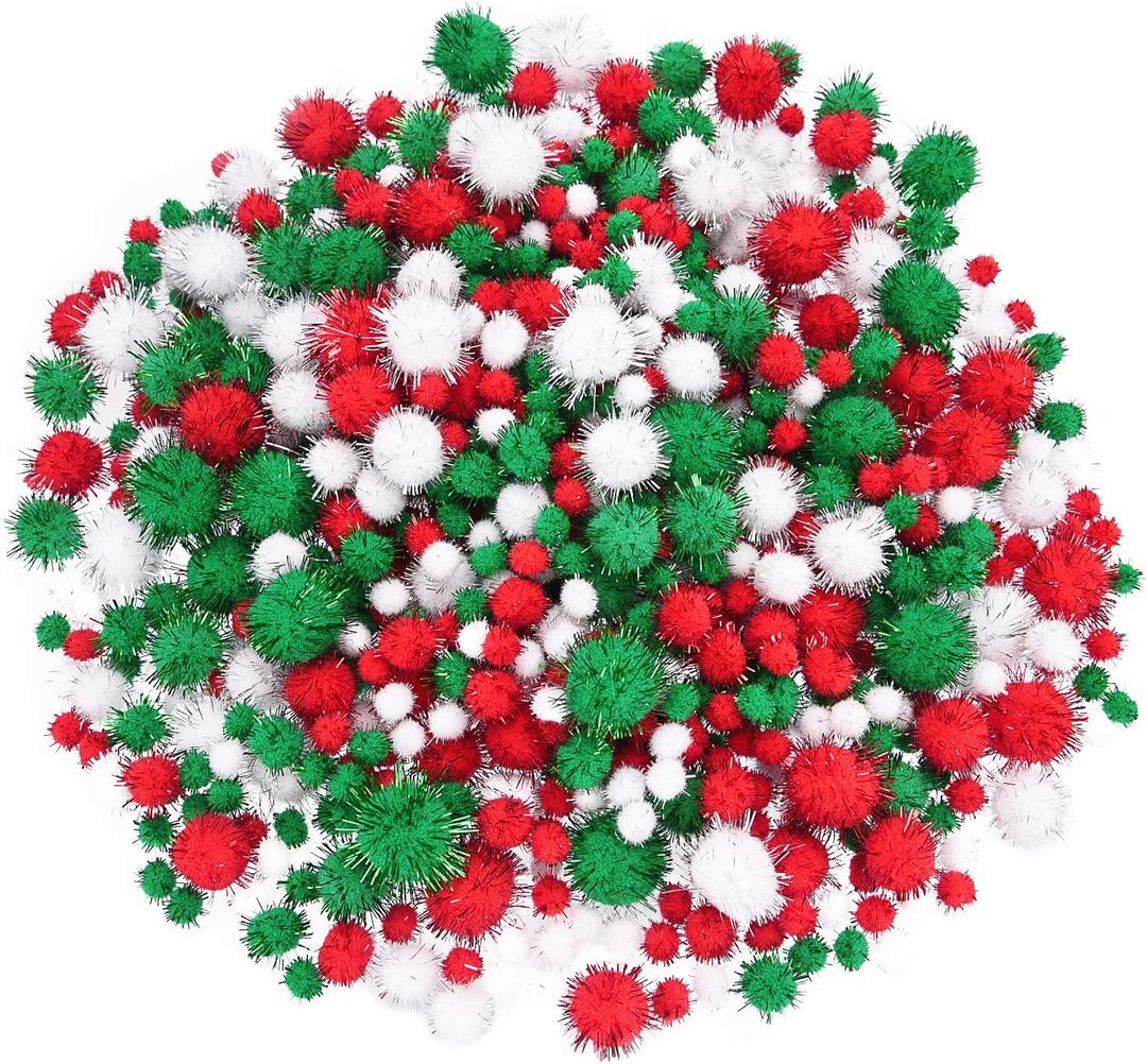 Livder Christmas Pom Poms Pompoms Red Green White Glitter Fluffy Balls, DIY Art Crafts Decorations Supplies (4 Sizes, 900 Pieces) (Variety Pack)