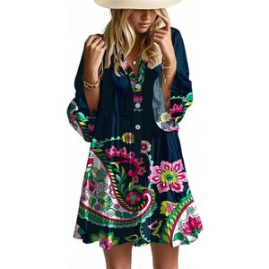 Opemiby Summer Dresses for Women 2026 Flowy Ruffle 3/4 Sleeve V Neck Tiered Casual Babydoll Boho Beach Mini Dress (Large, Deep Blue Flowers)