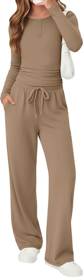 Girls 2 Piece Outfits Matching Sets Long Sleeve Ruched Knit Henley Neck Fitted Tops Straight Leg Pants with Pockets (13-14 Years, Mocha)