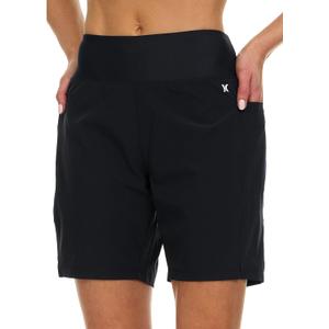 Hurley 5"/7" High Waisted Swim Shorts Women, Board Shorts with Pockets & Inner Liner, Quick Dry Swim Trunk, UPF 50+ (X-Large, Black)