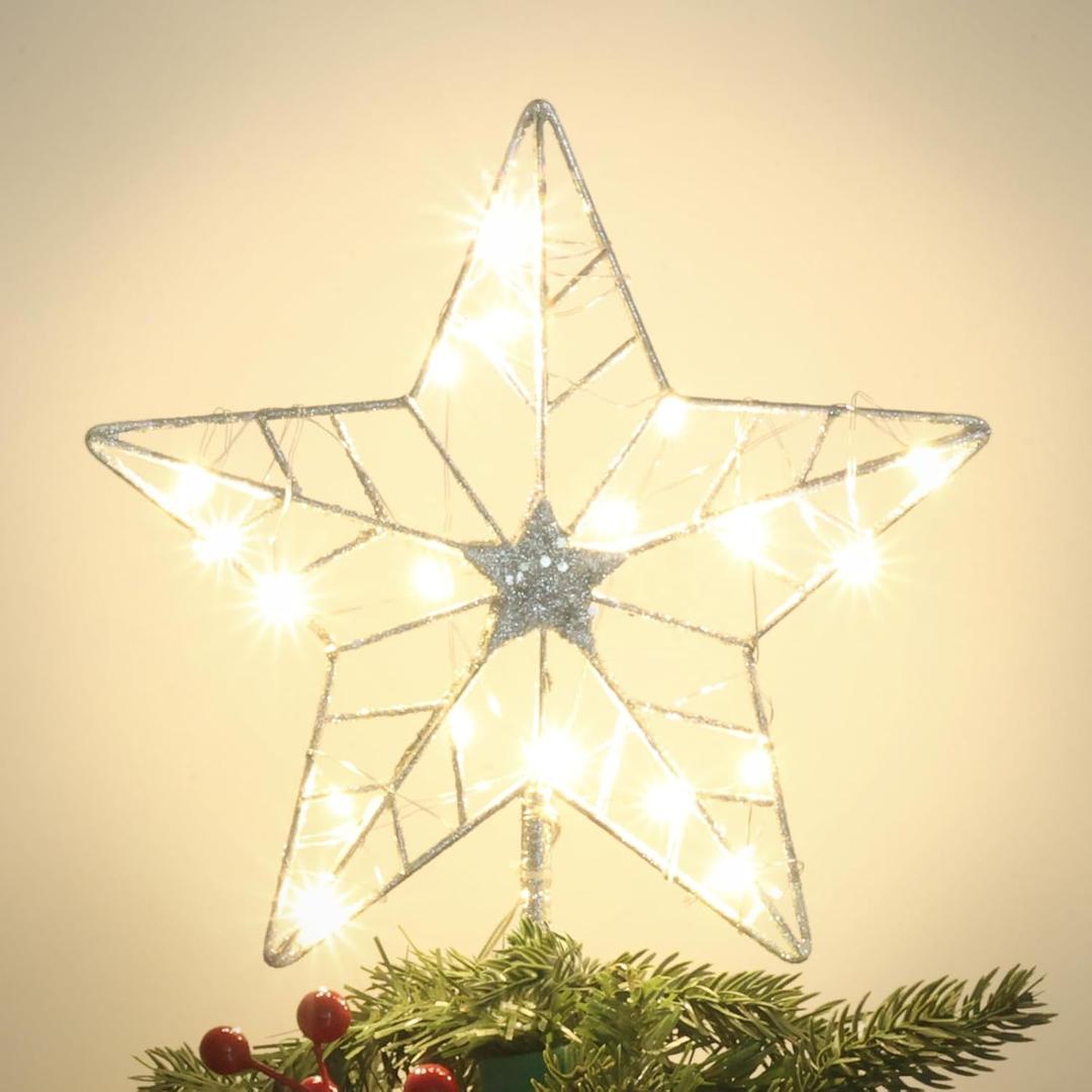 YEAHOME Christmas Tree Topper, Silver Glittered Hollow 5-Point Star Tree Topper for Christmas Tree Decorations, Lighted Wire Star with 20 LED Lights for Christmas Treetop, Xmas Tree Topper with Timer