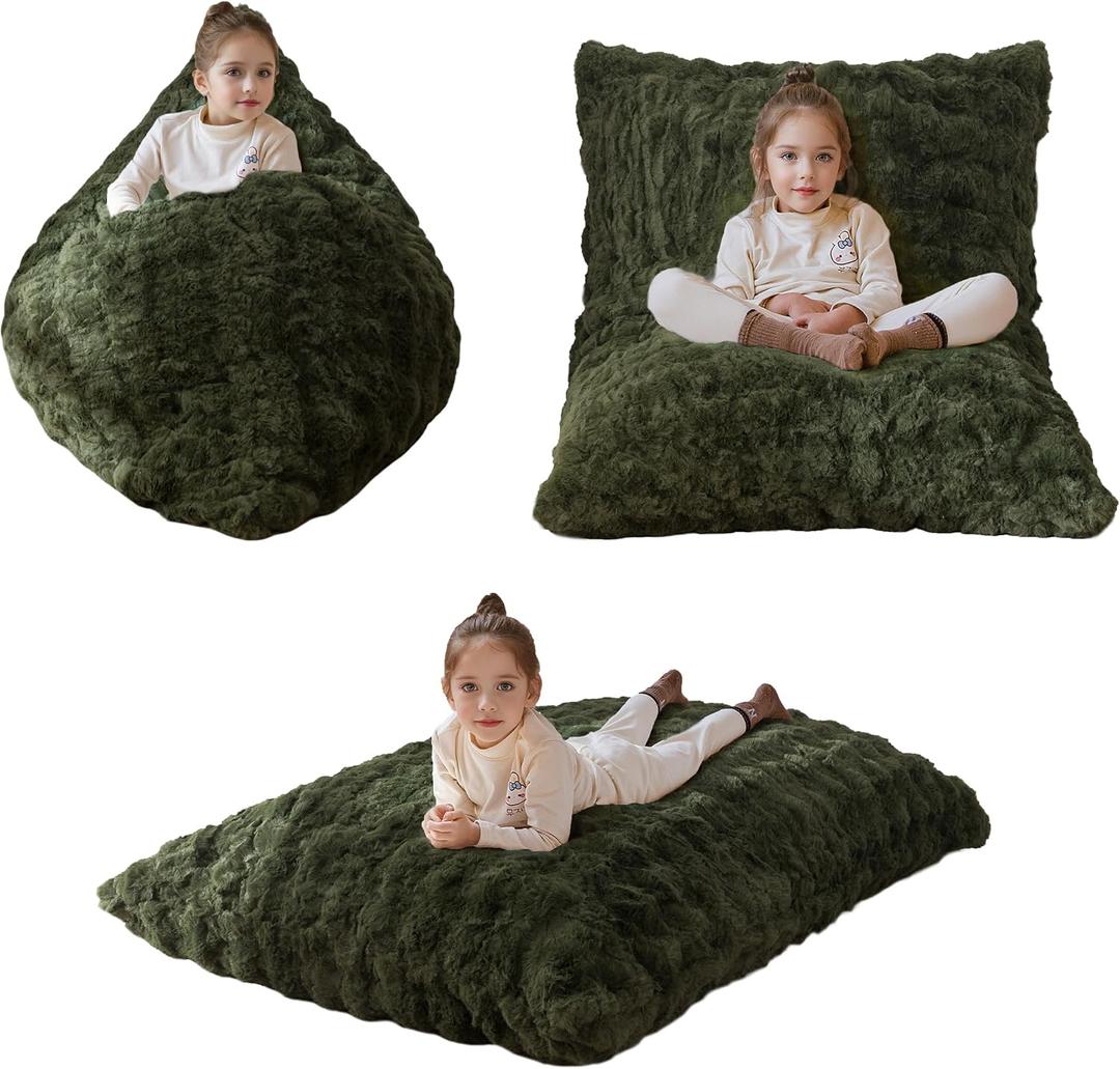 MAXYOYO 3 in 1 Kids Bean Bag Chair Bed, Child Floor Sofa for Gaming, Reading, Convertible Bean Bag Floor Cushion with Machine Washable Cover for Living Room Bedroom, Green, 50"x35"