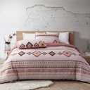 Boho Duvet Cover King Size, 3pc Bohemian Chic Striped Geometric Quilt Cover Set, Soft Reversible Duvet Cover with Zipper, Pink