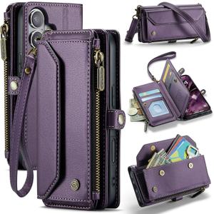 WAWZ for iPhone Air Case, Women Men Multi-Function Wallet Case with Stand RFID Blocking Featuring Magnetic Closure Zipper Includes Shoulder Strap Wrist Strap (Purple)