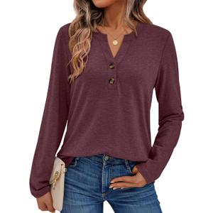AUTOMET Women's Long Sleeve Shirts 2026 Spring Fashion Dressy Casual Tops Trendy Henley Blouses Cute Work Outfits Clothes (Red, L)