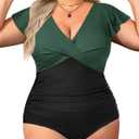 Yonique Plus Size One Piece Swimsuits For Women Tummy Control Bathing Suits Full Coverage Swimwear (Green and Black01, 18W)