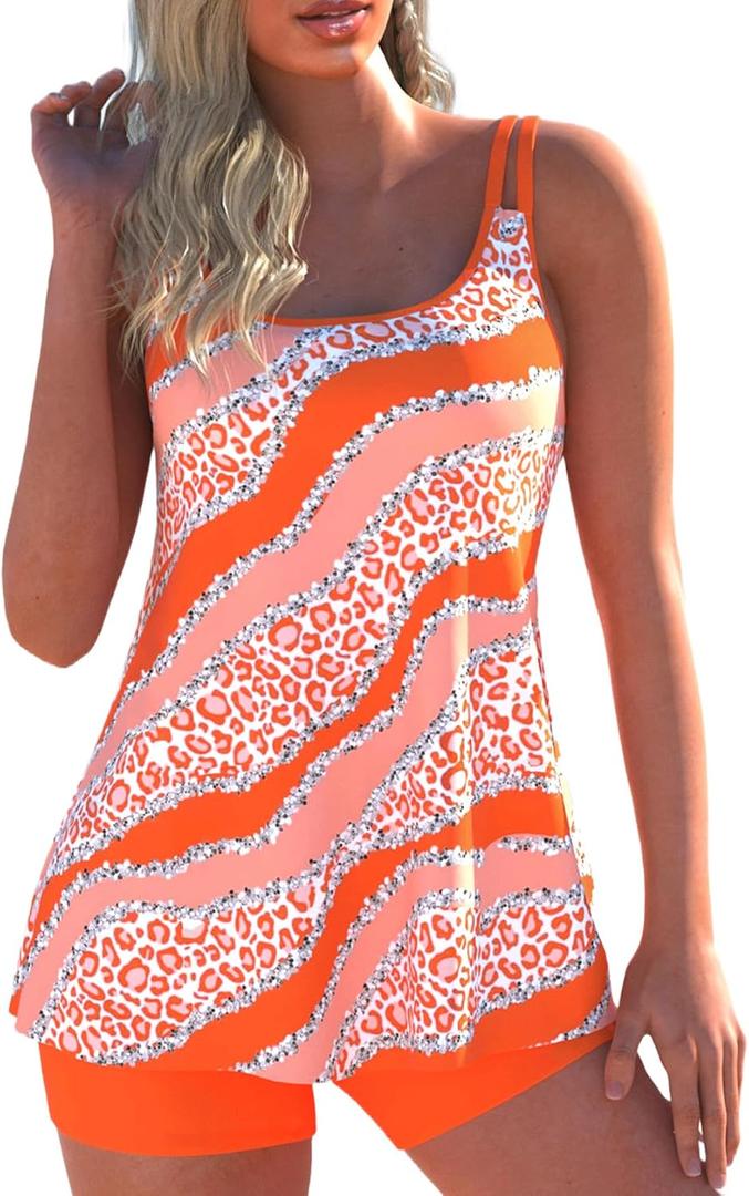 ROSEWE 2025 Tankini Swimsuits for Women, Bathing Suits with Shorts, Modest Swim Dress (Medium, Orange)