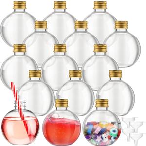 Jinei 13 Packs 8 oz Ball Shape Plastic Sand Art Bottles with Lids Spherical Clear Potion Bottles with Funnel Christmas Cocktail Ornament Candy Jar for DIY Birthday Party(Aluminum Cap,Gold)
