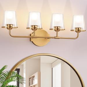 VbiTmn Brushed Gold Bathroom Light Fixtures, Gold Vanity Light 4 Light, Modern Vintage Wall Sconces with Dual-Layer Glass Shades, Antique Brass Finish for Bathroom Mirror, Bedroom, Hallway