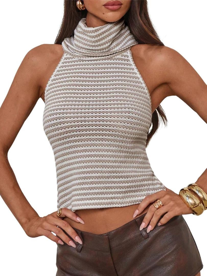 Verdusa Women's High Neck Halter Top Striped Sleeveless Crop Tops Summer Date Night Outfit (S)