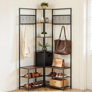 VEVOR Corner Hall Tree with Shoe Bench, 70.9 in Coat Rack with Hooks and Steel Frame, Freestanding Clothes Shoes Rack Storage Organizer with Anti-Tip Set, for Entrance, Closet, Office, Rustic Brown