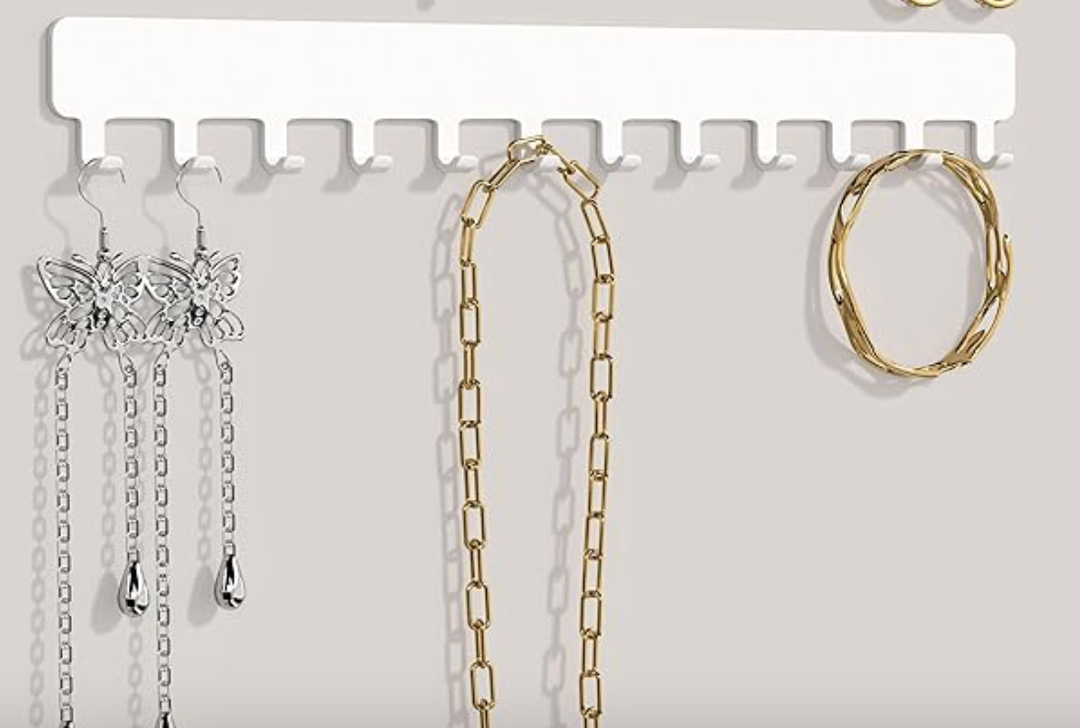 Necklace Holder Wall Hanging Organizer: Wall Mounted Jewelry Shelf with 18 Hooks, Display Hanger for Kids, Girls and Women, White & Metal