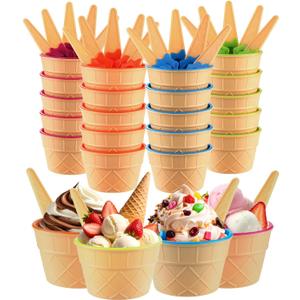 Tellshun 24 Pack Ice Cream Bowls and Spoons Set, Frozen Yogurt Cups with Spoons Durable Plastic Candy Color Cute Dessert Bowls DIY Ice Cream Tools For Festive Party Favor Gift (24)