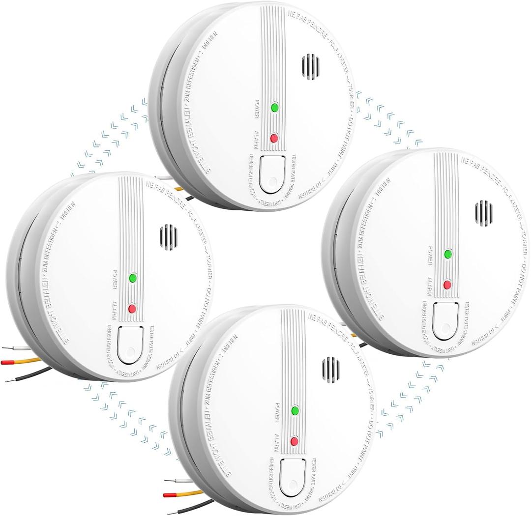 Smoke Detector, Hardwired Interconnected Smoke Detectors, Smoke Alarm with Replaceable 9V Battery, Interconnects Up to 12 Fire Alarms Smoke Detectors, Fire Alarm with Test/Silence Button 4 Packs