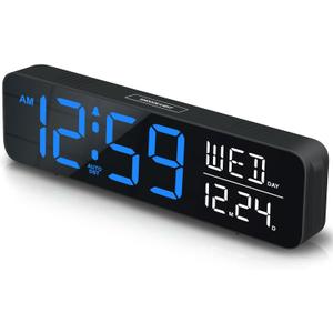 Peakeep Large Display Digital Alarm Clock for Bedrooms, Date Day of Week Calendar Desk Table Clocks for Living Room Office, Dimmable Plug in Electric Clock, 5 Volumes, Loud, Auto DST (Blue and White)