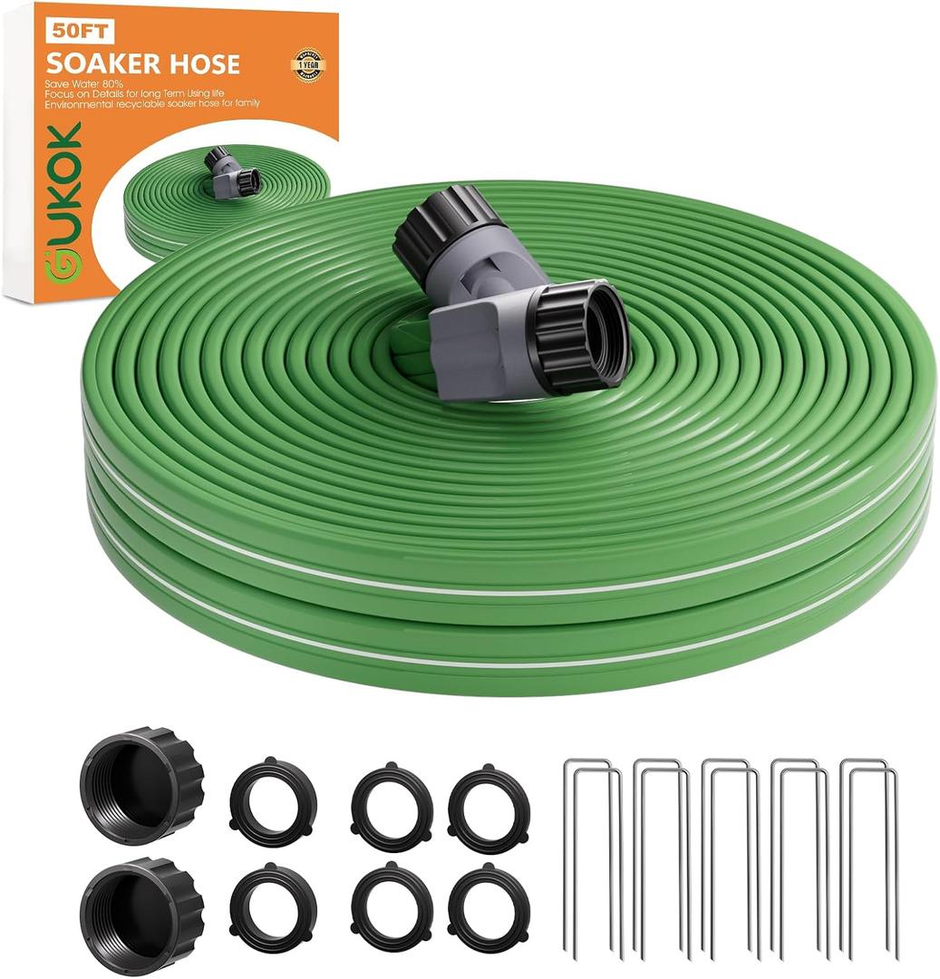 50 FT Water Saving Flat Soaker Hose with 20 Stakes for Garden Lawn - Durable Irrigation Tubing with Multi Directional Sprinkler Spray Up to 8 FT Range