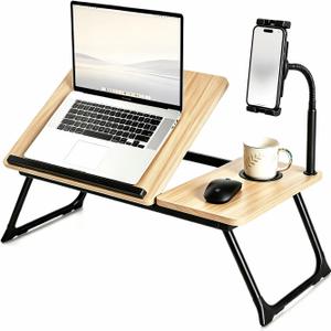Foldable Laptop Desk with Cup Holder, Phone Stand, and Mouse Pad Extension, Portable Lap Table for Bed and Sofa (Natural)