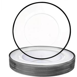 WDF 25 Pack Black Charger Plates - Clear Charges with Black Trim - 12inch Disposable Chargers Plates for New Year/Dinner Party/Wedding/Birthday
