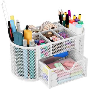 EasyPAG Mesh Desk Organizer with 8 Compartments & Drawer  Metal Office Storage for Home, School, Workspace, White (8.75 x 4.25 x 4 inches)