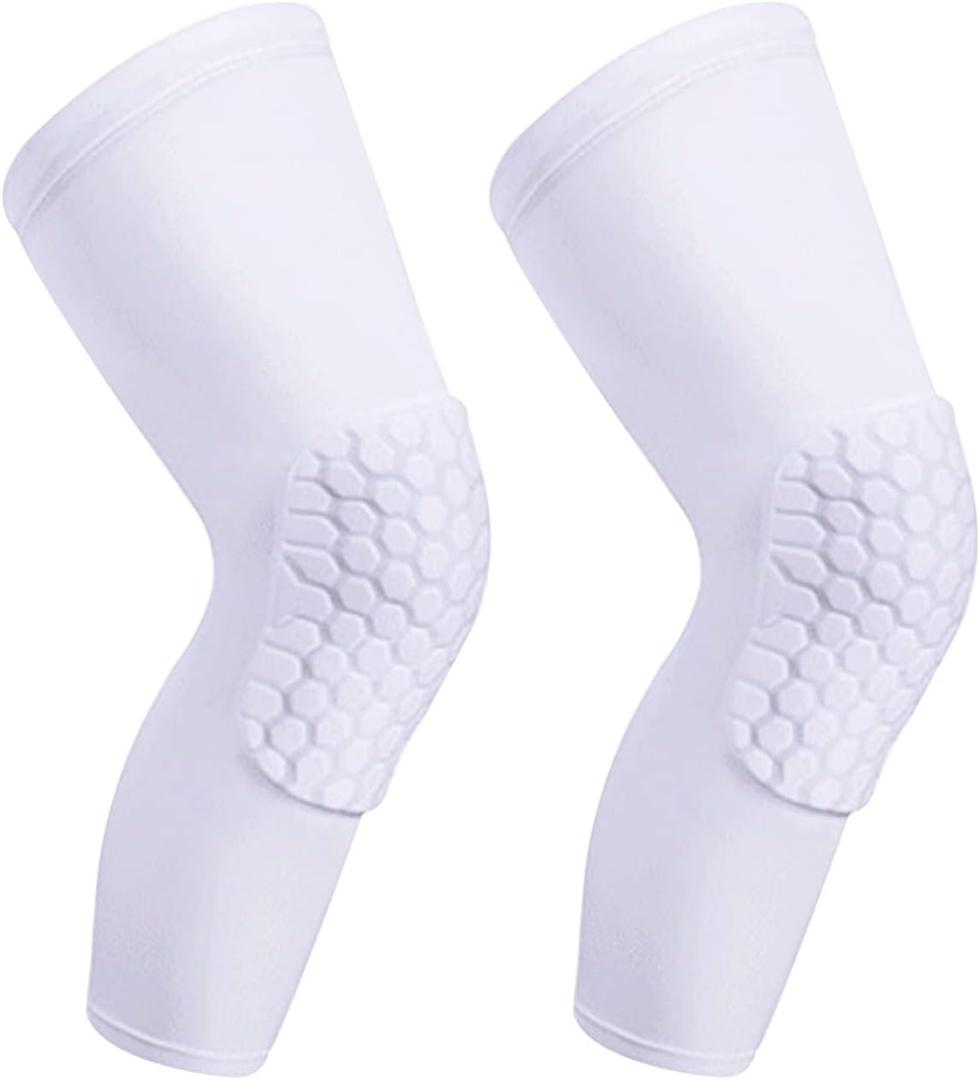 Compression Knee Pads Leg Sleeve, Hex Knee Pads for Basketball Honeycomb Anti Collision Knee Pads Long Kneepads Non-Slip Football Knee Pads for Youth Adult (Large, white)