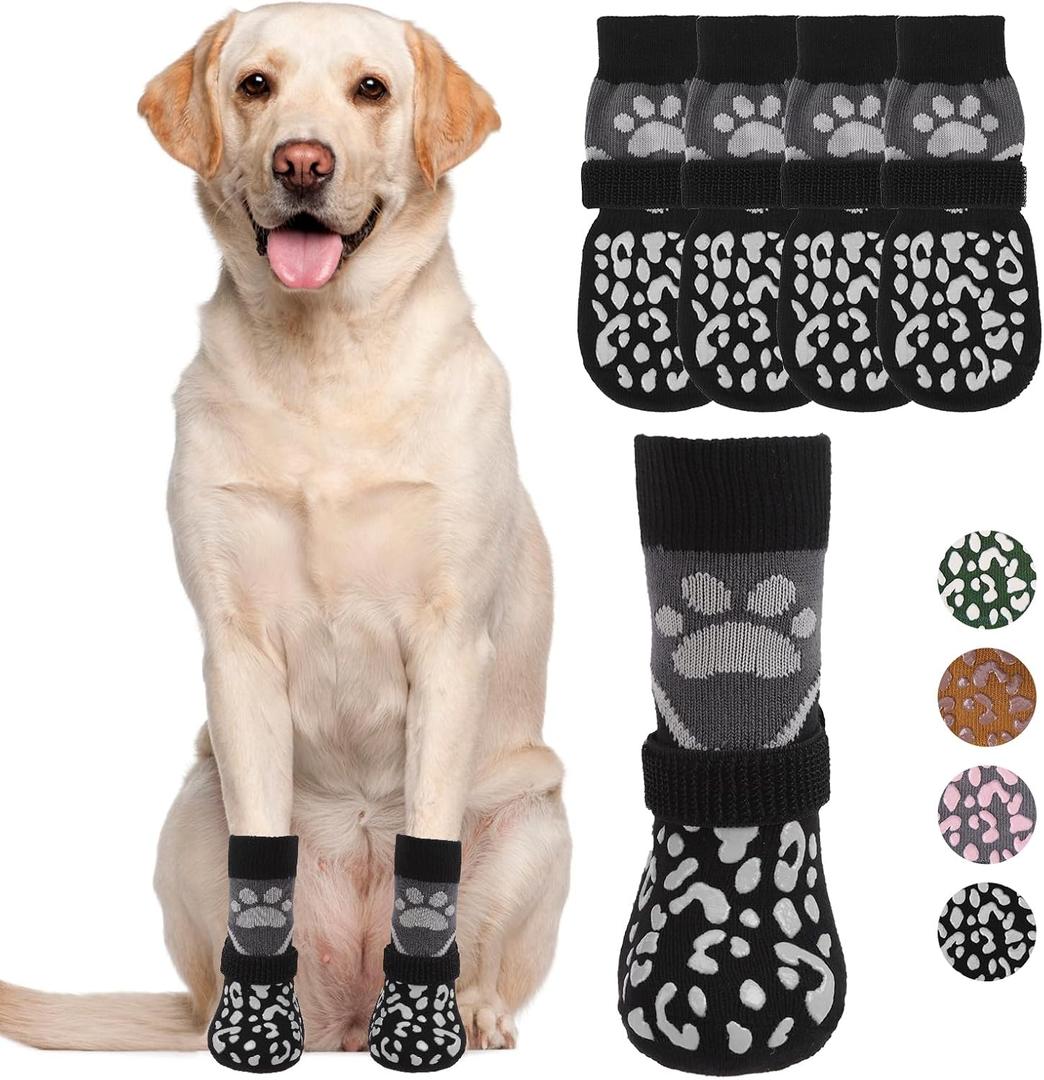 KOOLTAIL Dog Socks Shoes for Hot Pavement, Breathable & Warm Winter Dog Booties to Prevent Licking Paws for Small Medium Large Senior Dogs,Non Slip Grippy Pet Boots & Paw Protectors for Hardwood Floor (Large(4 Pack), Grey+black)