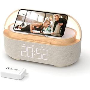 COLSUR Bluetooth Speaker Alarm Clock with Wireless Charger, FM Radio, Adjustable LED Night Light, 6 in 1 Bedroom Portable Speaker 2500mAh, Phone Stand for Bedside, Home, Office, Gift