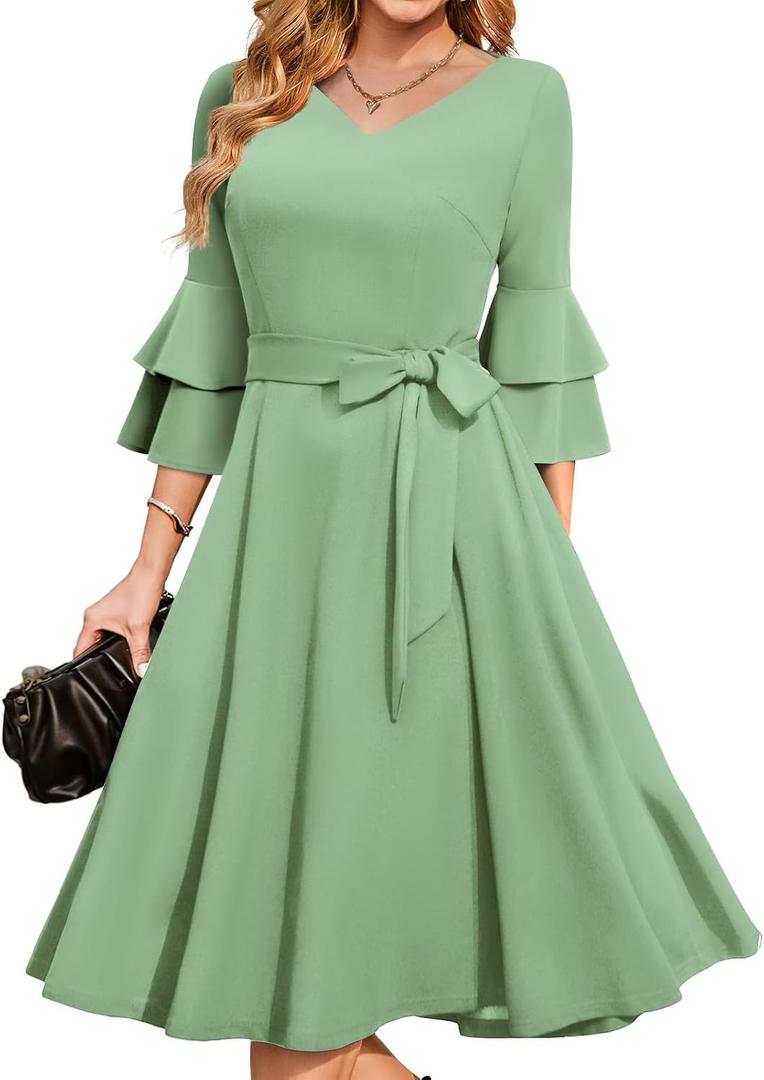 DRESSTELLS Women's Cocktail Dress Summer Wedding Guest Party Vintage 3/4 Bell Sleeve V Neck A-Line Dress (Green, XXXL)