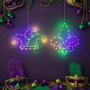 2 Pcs Mardi Gras Window Lights, Battery Operated LED Lights, Fleur De Lis & Clown Hat Hanging Lights for Indoor & Outdoor, Light Up Decorations for Mardi Gras Party & Home Decor