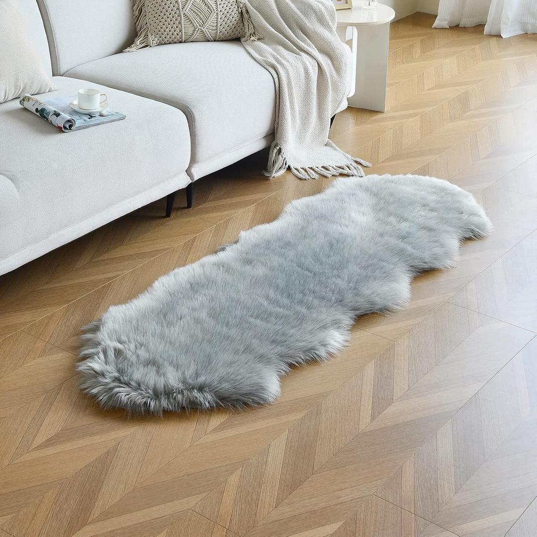 duduta Grey Faux Sheepskin Runner Rugs 2x6 ft, Fluffy Shag Bedroom Rug Decor Fur Couch Sofa Covers Washable