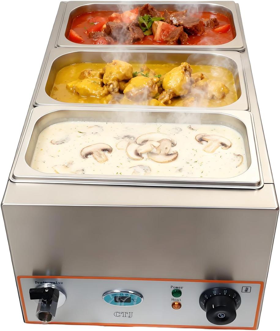 CTJ 3-Pan Commercial Food Warmer 1500w Electric Steam Table Food Warmer Stainless Steel Bain Marie Buffet Countertop with 3 x 1/3 Size Pan (Include Lid and Tap) for Home, Catering, Restaurants