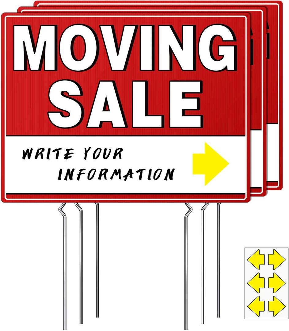 Moving Sale Signs (3 Pack), 17" x 13" Large Double-Sided Yard Signs with Metal Stakes, Estate & Property Sale Directional Arrows, Weather-Proof