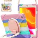 for iPad 10.2 Case 9th Generation 2021 / 8th Gen 2020 / 7th 2019,Shockproof Kids Case with Screen Protector,Rotating Stand/Pencil Holder/Shoulder Strap for iPad 10.2 Inch - Colourful Pink