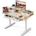Grandder Electric Standing Desk with Four Drawers, Sit to Stand Up Height Adjustable Desk with Storage Shelf for Home Office, 55 * 28 Inch, Study, Ergonomic Adjustable Computer Desk, Oak