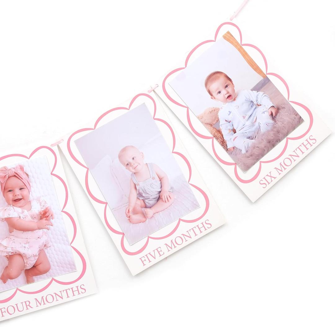 Pink 1 To 12 Months Photo Banner - Girls Sweet One Birthday Decorations,Scallop Shaped Monthly Photo Banner,Newborn First Year Milestone Photo Display,Little Princess 1st Birthday Hanging Banner
