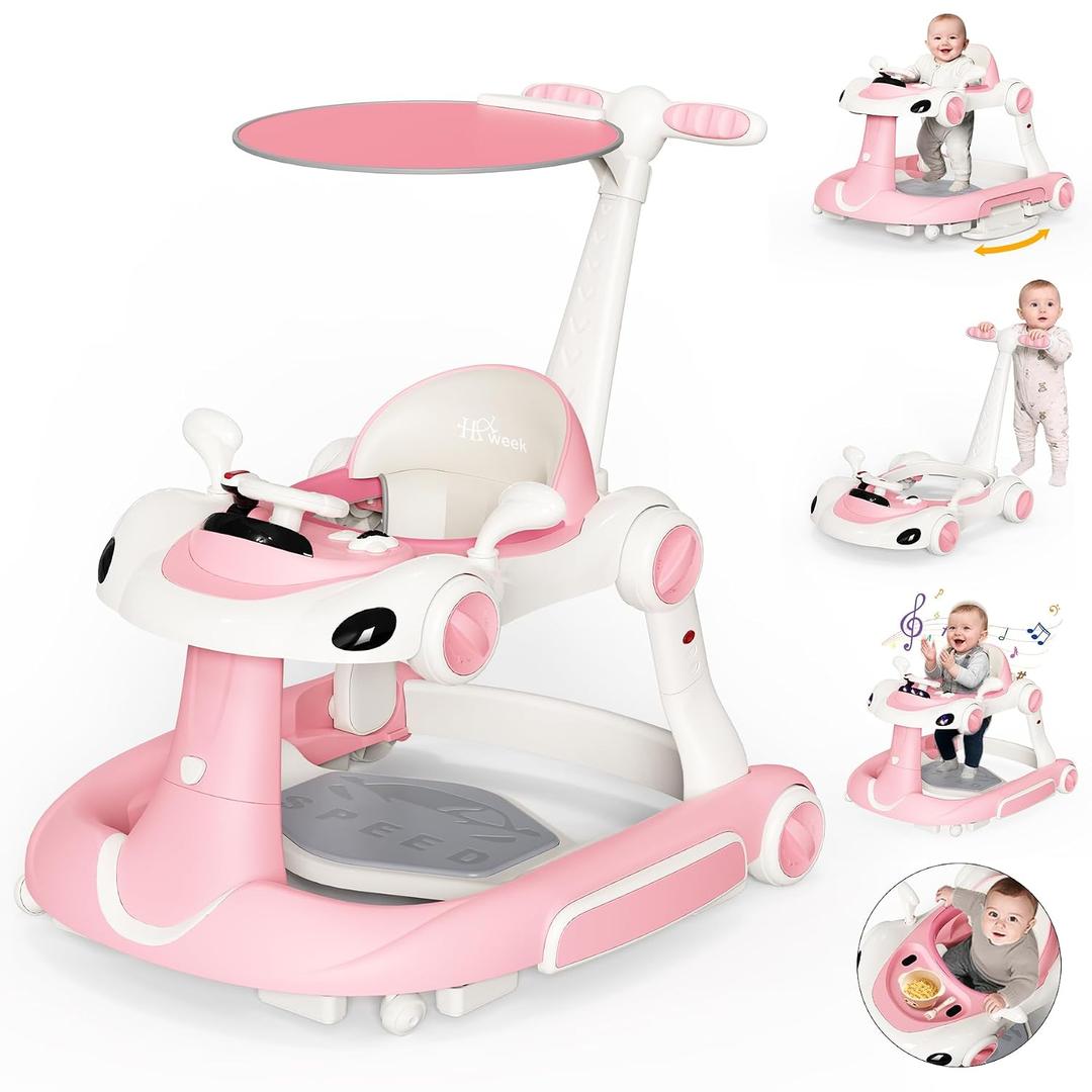 Baby Walker with Wheels, 7-in-1 Foldable Baby Walkers for Boys Girls 6-12 Months with Feeding Tray & Music, Lights,Rocker,Sun Canopy, Bouncing Pedal, Adjustable Wheel Speed, Push Walker (Pink)