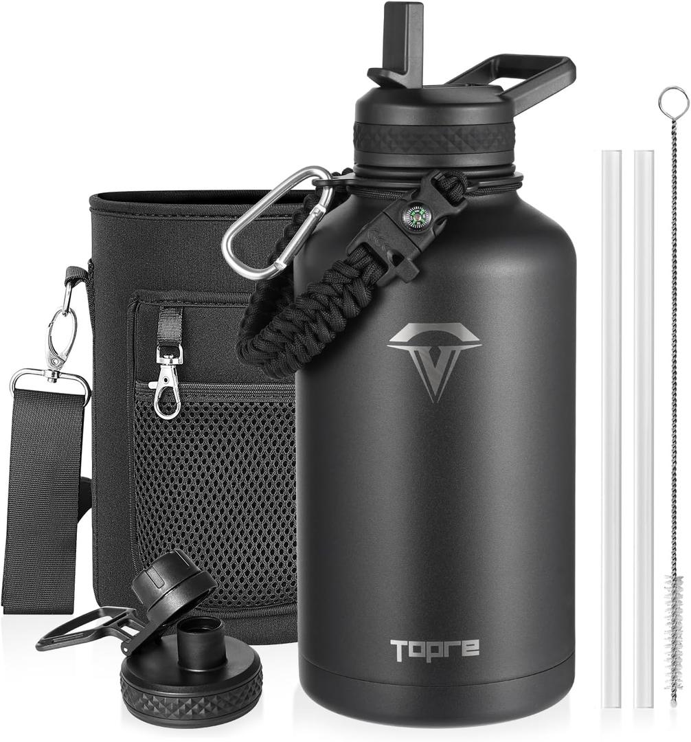 Topre 64oz Insulated Water Bottle,Half Gallon Water Flask Stainless Steel Vacuum, Cold for 48 Hrs,BPA-Free & Leakproof -with Paracord Handle,Strap,Straw Spout Lids,Large Jug for Gym Sports,Black