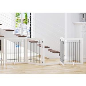 SPIRICH 96-inch Extra Wide 30-inches Tall Dog Gate with Door Walk Through, Freestanding Wire Pet Gate for The House, Doorway, Stairs, Pet Puppy Safety Fence, Support Feet Included (White)