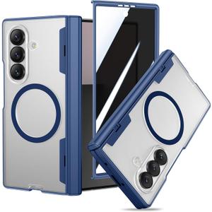 VEGO Case for Galaxy Z Fold 7, Compatible with MagSafe, with [Hinge Protection][Tempered Glass Privacy Screen Protector], Magnetic Anti-Spy Shockproof Clear Cover for Samsung Galaxy Z Fold 7 - Blue
