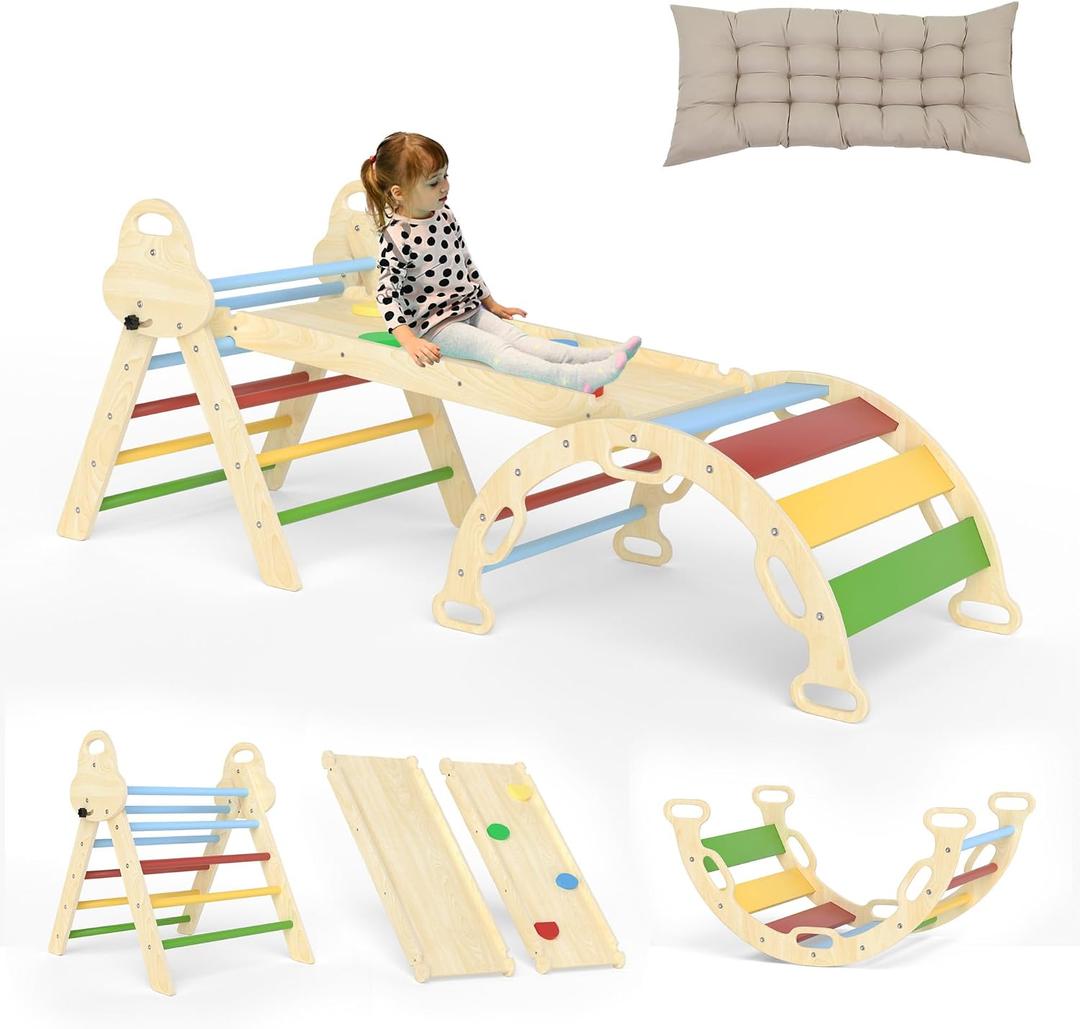 doowroodni Pikler Triangle Set 7in1 Toddler Climbing Toys Indoor Foldable Baby Climbing Toys Wooden Montessori Climbing Set with Arch, Ramp, Ladder for 1-3 Years, Jungle Gym for Kids, Approx. 3 ft x 2.5 ft x 1.5 ft