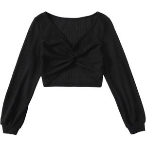 Floerns Women's Twist Front V Neck Cropped T Shirt Long Sleeve Casual Waffle Knit Tops (Small, Black)