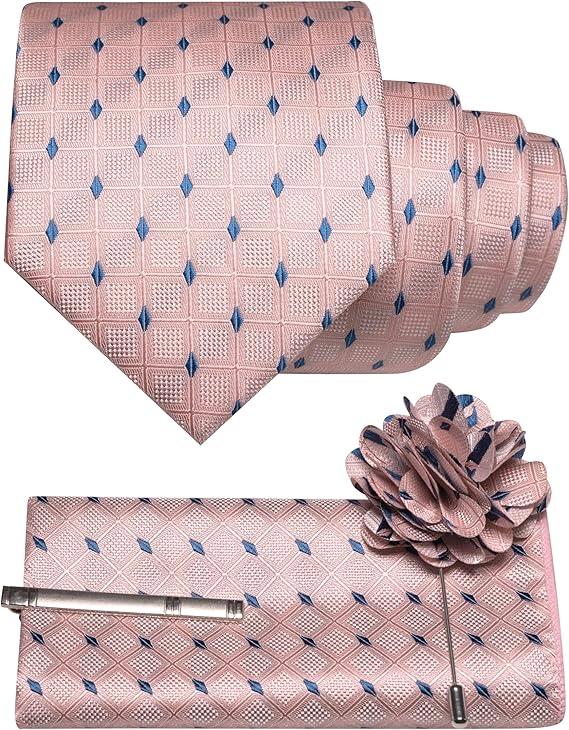 RBOCOTT Plaid Checkered Ties for Men Necktie and Pocket Square with Tie Clip Lapel Pin Set 4PCS (Baby Blue)