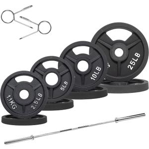 Fitvids Olympic Cast Iron 2-Inch Weight Plates Including 6FT Olympic Barbell Bar & Safely Locks, Barbell Set (85 Lbs Plates + 6 FT Barbell Bar), Multiple Packages