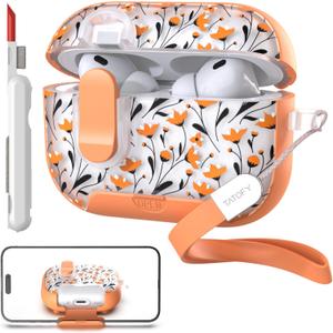 TATOFY for AirPod Pro 3 Case (2025) with Phone Stand Lanyard Lock Cleaning Kit, Compatible with Magsafe, Flowers Hard AirPods Pro 3rd Generation Cover for Women (Orange, AirPods Pro 3)