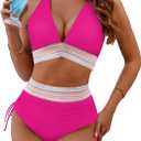 BMJL Womens High Waisted Bikini Sets Tummy Control Swimsuits Sexy V Neck Two Piece Bathing Suits 2024 (Large, Hot Pink12)