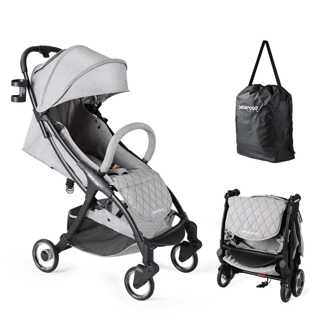 Beberoad Love R2 Small Travel Stroller Compact Strollers Foldable Lightweight Baby Stroller for Airplane, Infant with Adjustable Backrest, Cup Holder and Waterproof Canopy, Gray