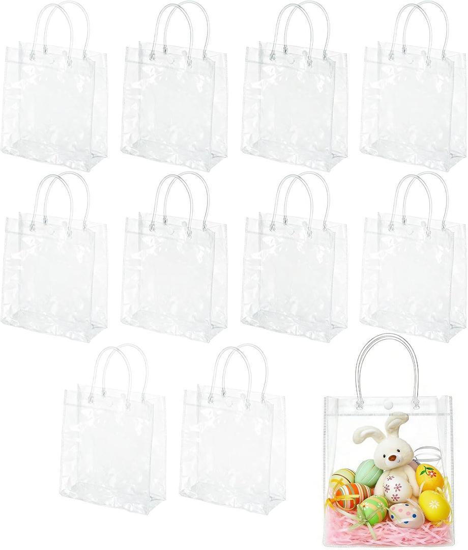 WhizToys 10PCS Small Clear Plastic Gift Bags with Handles, 5.9x6.3x2.8Inches, Mini Transparent PVC Bulk Tote Goodie Bag for Easter, Party FavorsWeddingBirthday