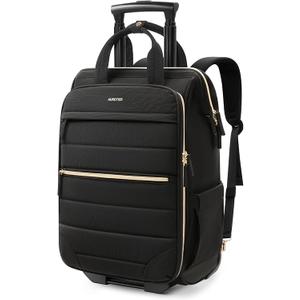 Rolling Puffer Backpack for Women, Travel Backpack with Wheels, 16 Inch Wheeled Laptop Backpck, Dual-Opening Design Overnight College Underseat Carry on Luggage, Roller Business Work Bag, Black