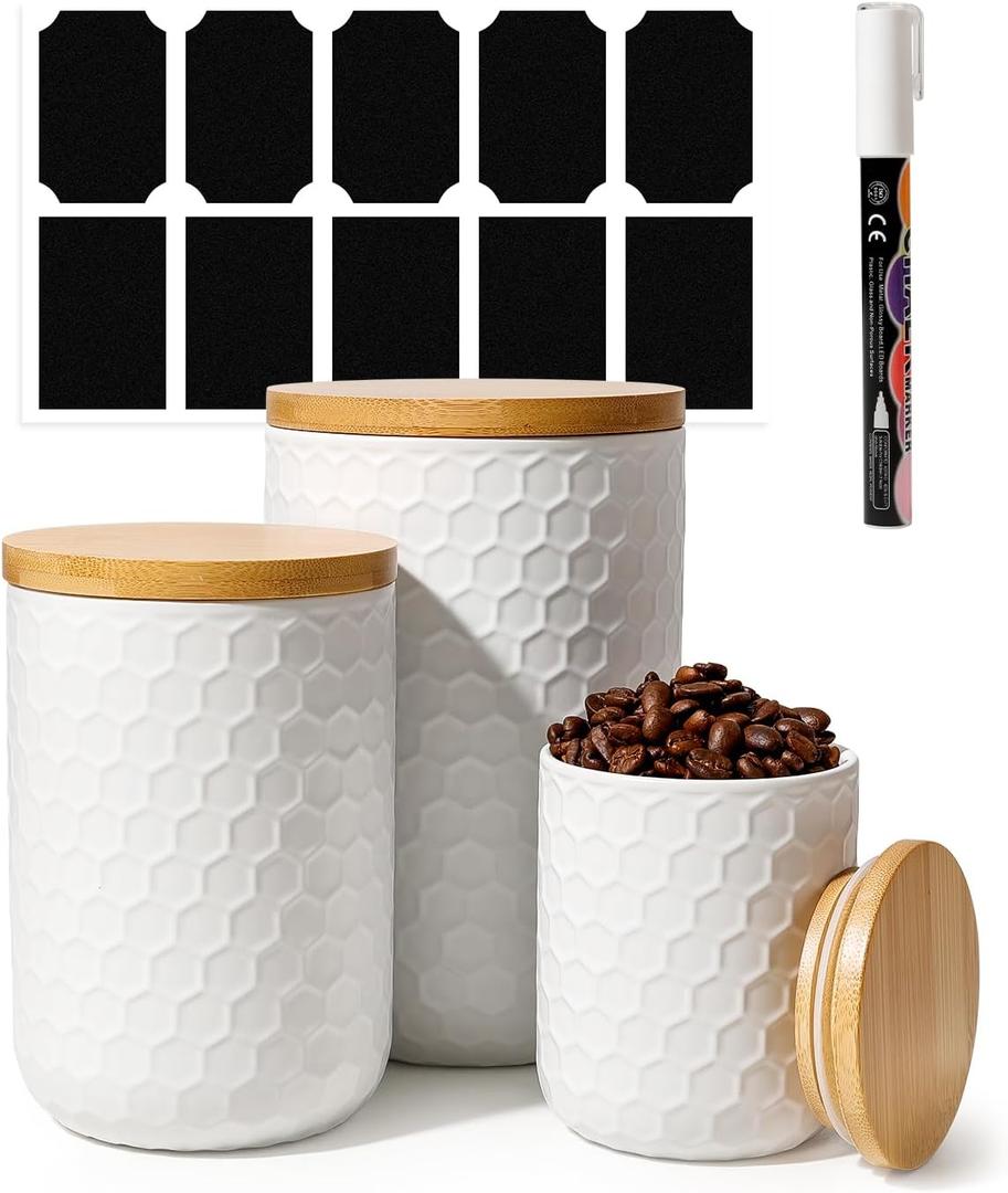 Kitchen Canisters Set with Airtight Bamboo Lid, White Honeycomb Design, Ceramic Canister Set of 3, Sugar Flour Coffee Containers for Countertop, Food Storage Container Jars Set